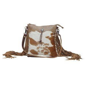 Carmel Dash Leather & Hair On Shoulder Bag-Myra Western Fringed Crossbody-Brown
